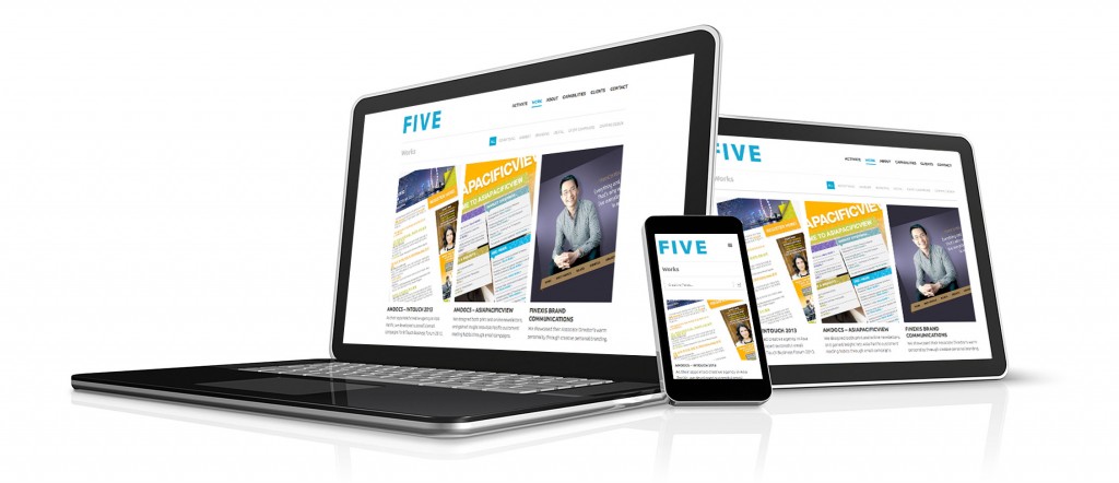Responsive Web Design - FIVE website viewed in laptop, iPad and iPhone on white background
